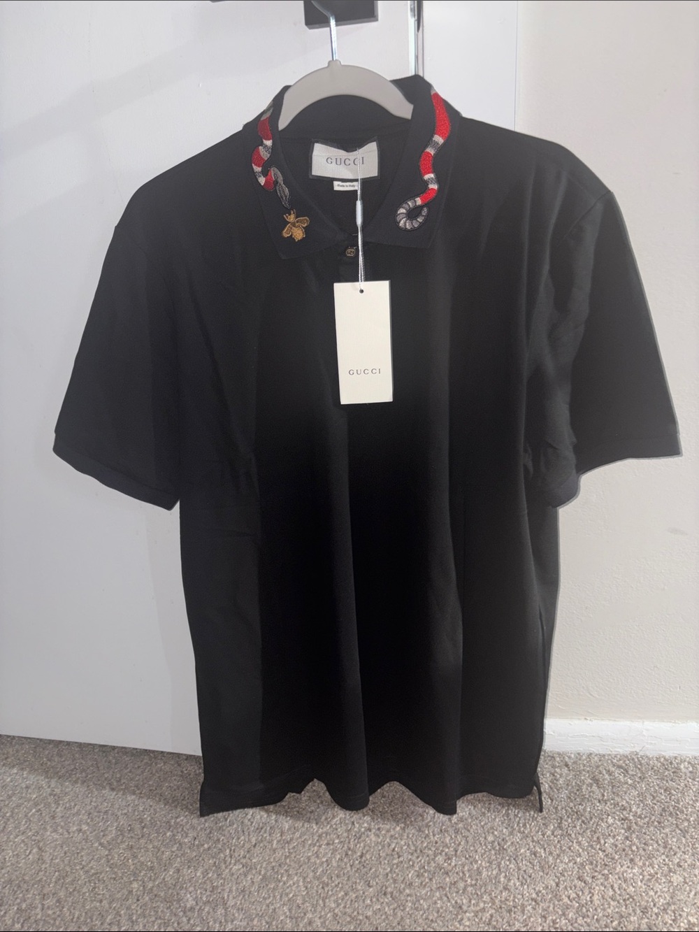 Gucci Black Polo with Red & White Snake Collar Embroidery
